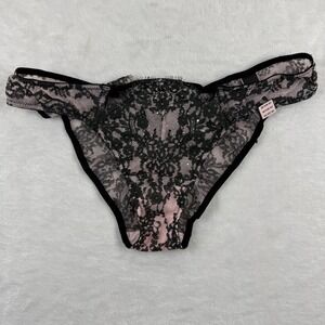 Victorias Secret Black Pink Floral Eyelash Lace Cheekini Panty Large NEW